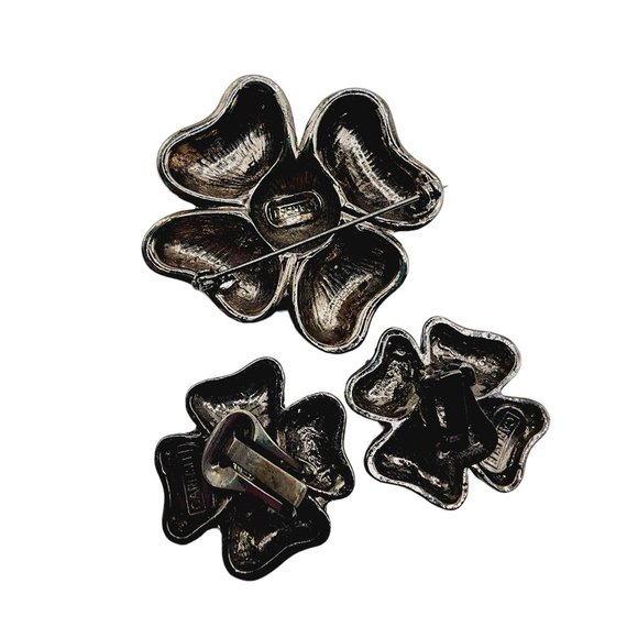 Vintage Signed Carlisle Pave Rhinestone Flower Brooch & Earrings Set (A1202) - Picture 7 of 8
